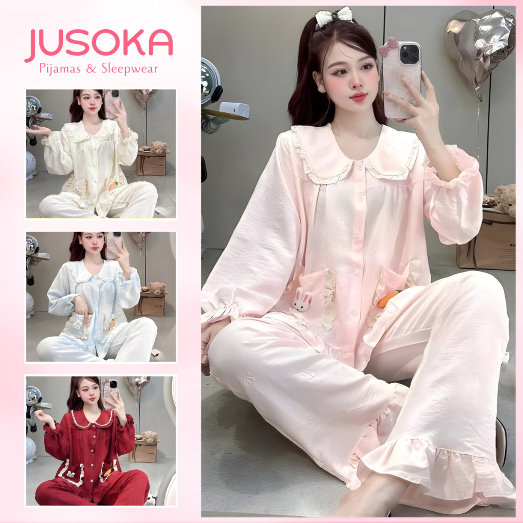 Bộ Đồ Ngủ Nữ Pijama JUSOKA DU17 Cổ Sen Túi Nơ Chất Đũi Vân Nổi Mềm Đẹp Thoải Mái Cho Nữ