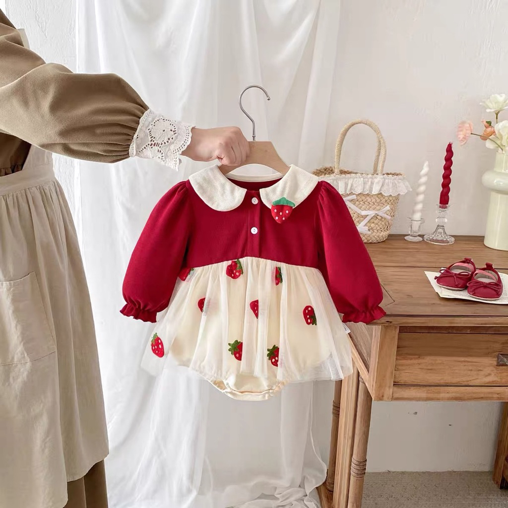 Váy công chúa cho bé gái SUSHI BABY SHOP đồ liền thân sơ sinh đầm body đỏ phối voan thêu dâu dài tay