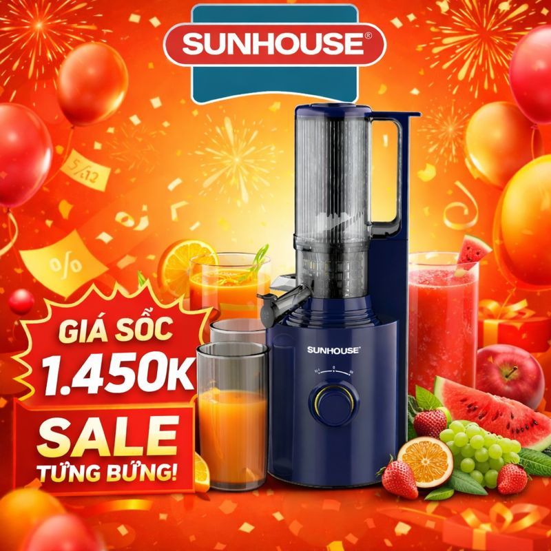 Máy ép chậm Sunhouse SHD5512 Công suất lớn 250W, ép kiệt bã mọi loại hoa quả, rau củ