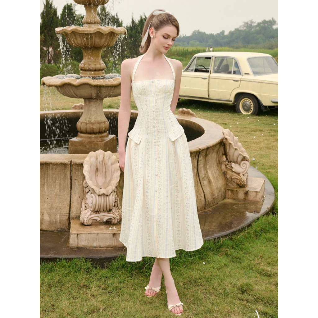 AMELIE - Váy cổ yếm xanh nhạt họa tiết sọc - Marika dress Ame476