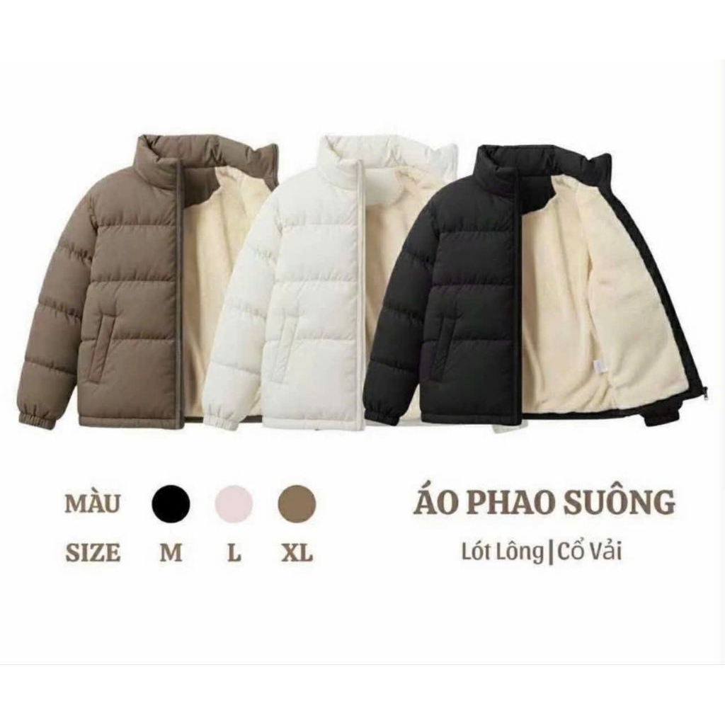 Áo khoác phao dáng xuông lót lông cừu dày dặn giữ ấm mùa đông