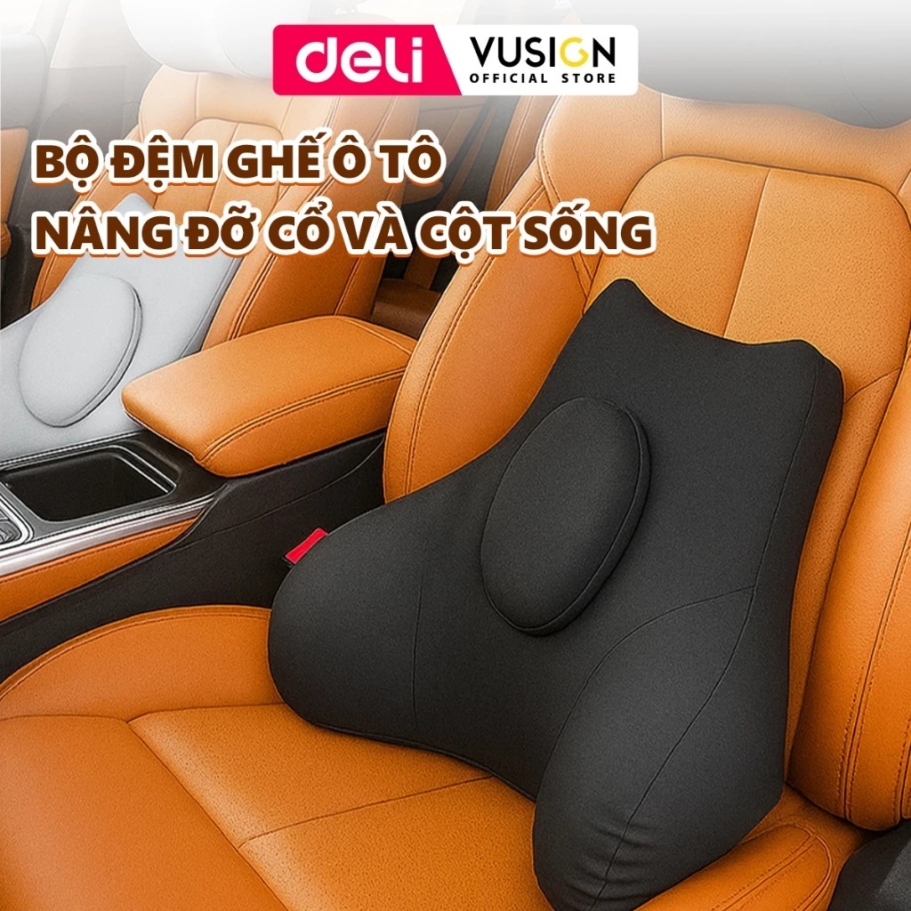 Set đệm gối tựa đầu, tựa lưng xe hơi ô tô Deli chống mỏi cổ, giảm đau vai gáy, cao su non cao cấp
