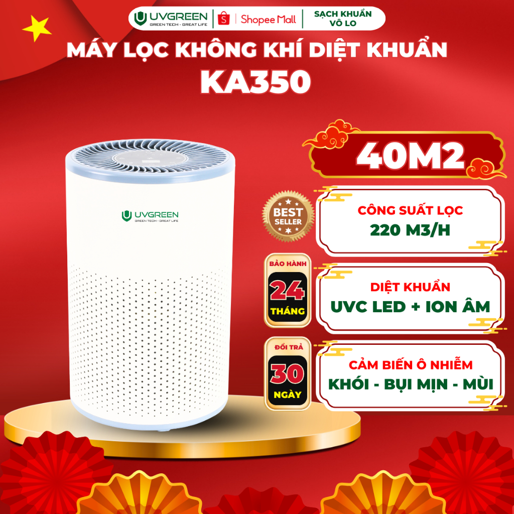 [UVG] Máy Lọc Không Khí Diệt Khuẩn UVGREEN KA350 UVC 40m2, Công Nghệ UVC Led & Ion Âm, Lọc Bụi