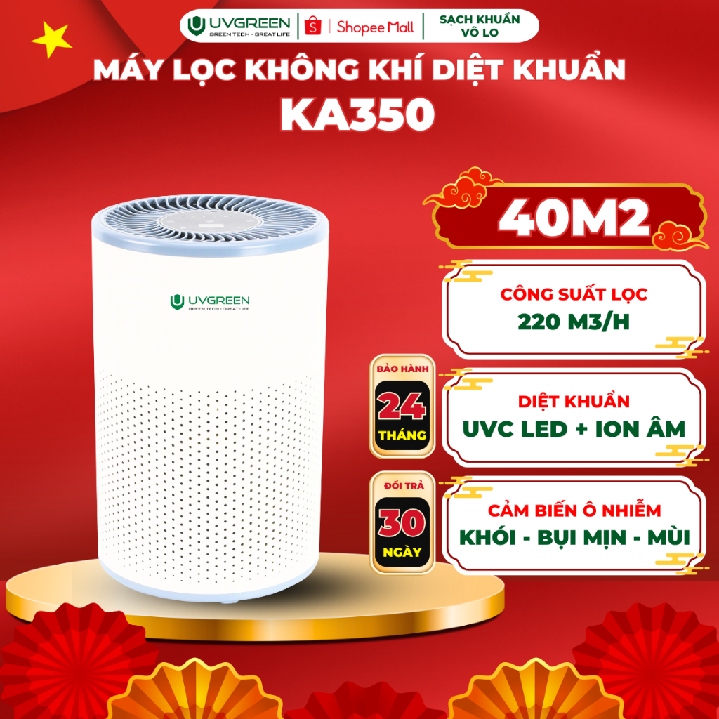 [KOC] Máy Lọc Không Khí Diệt Khuẩn UVGREEN KA350 40m2, UVC LED, Lõi HEPA H13, Ion Âm, Lọc Bụi Mịn