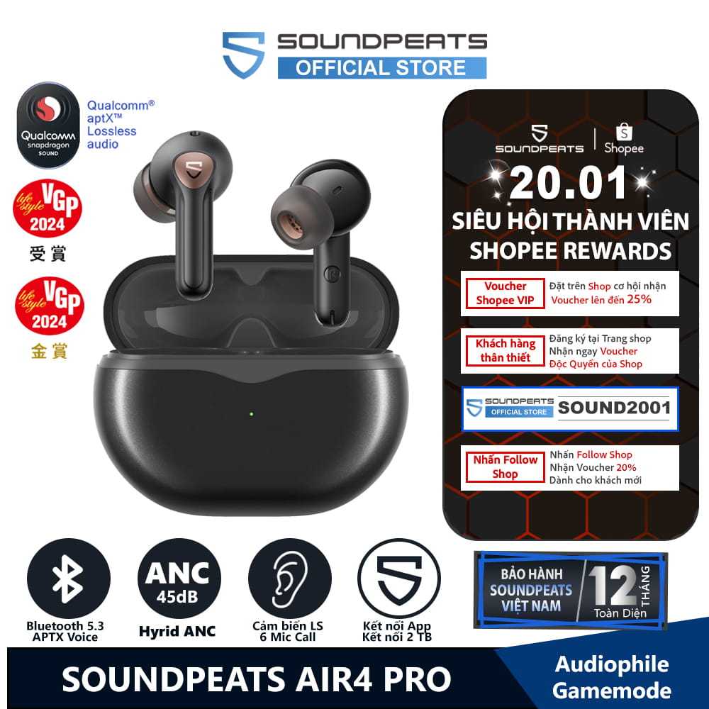 Tai nghe True Wireless SoundPEATS Air4 Pro | APTX Lossless | APTX Voice 6Mic | Bluetooth 5.3 | BigBuy360 - bigbuy360.vn