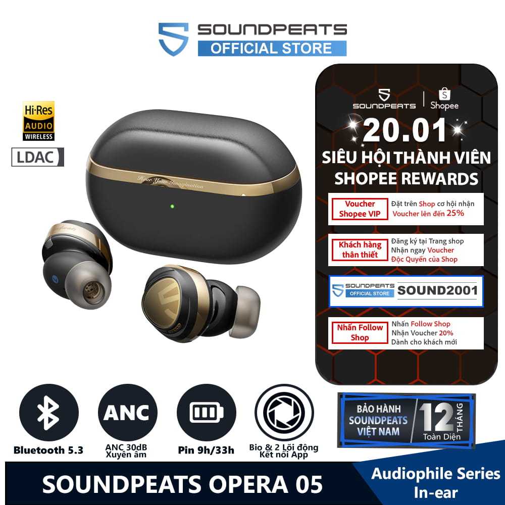 Tai Nghe True Wireless SoundPEATS Opera 05 LDAC Hires Audio Bluetooth 5.3 (6.3 Ω)