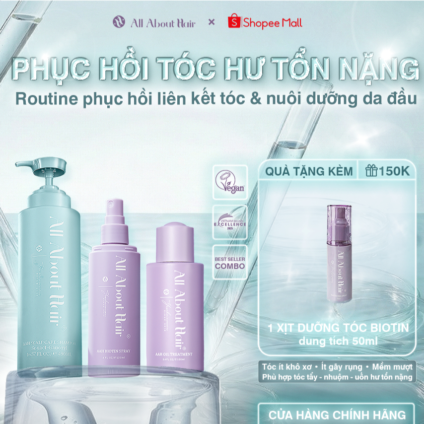 COMBO dưỡng tóc chắc khoẻ Gội Ủ Xịt AAH (BIOTIN SPRAY VEGAN 120ML + OIL TREATMENT VEGAN 100ML + SCAL