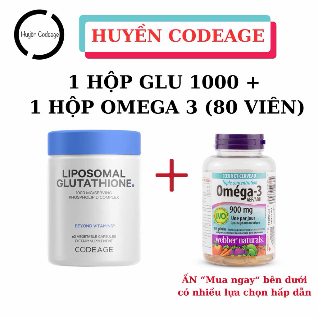 ( 1 GLU 1000 + OMEGA CANADA 80 VIÊN) Viên uống Glutathione 1000mg Codeage 60 viên ( và 1 Hộp Omega 3