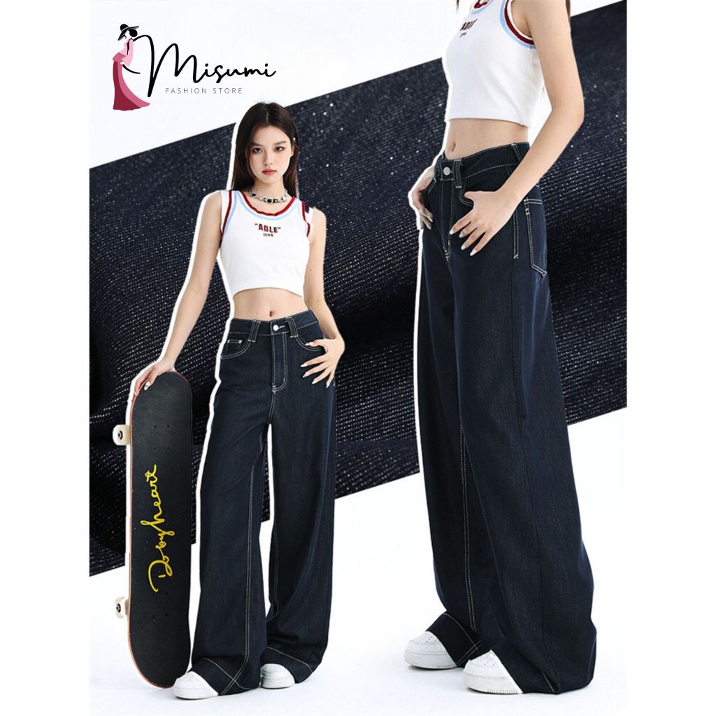 Quần Jeans suông MISUMI quần ống rộng chỉ nổi màu trắng hách dáng eo thon Women new  jeans quần  bò 