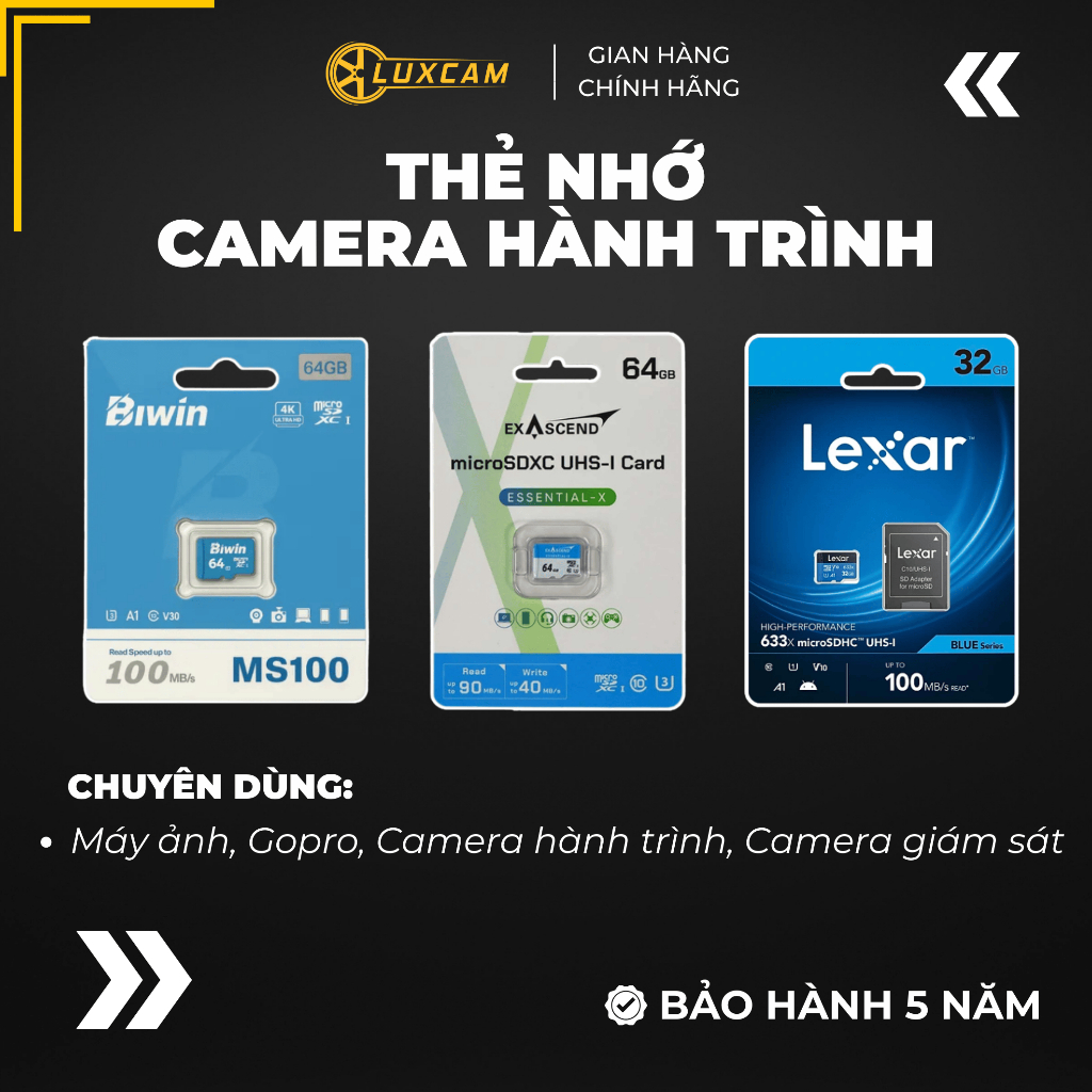 Thẻ nhớ Lexar, Biwin, Exascend chuyên cho Camera hành trình 32GB 64GB 128GB 256GB 100Mbs video 4k