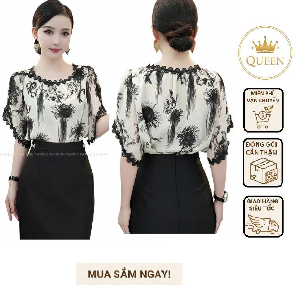 HTC10-Áo voan kiểu công sở phối viền ren tay lỡ (voan lót thun) HTC10