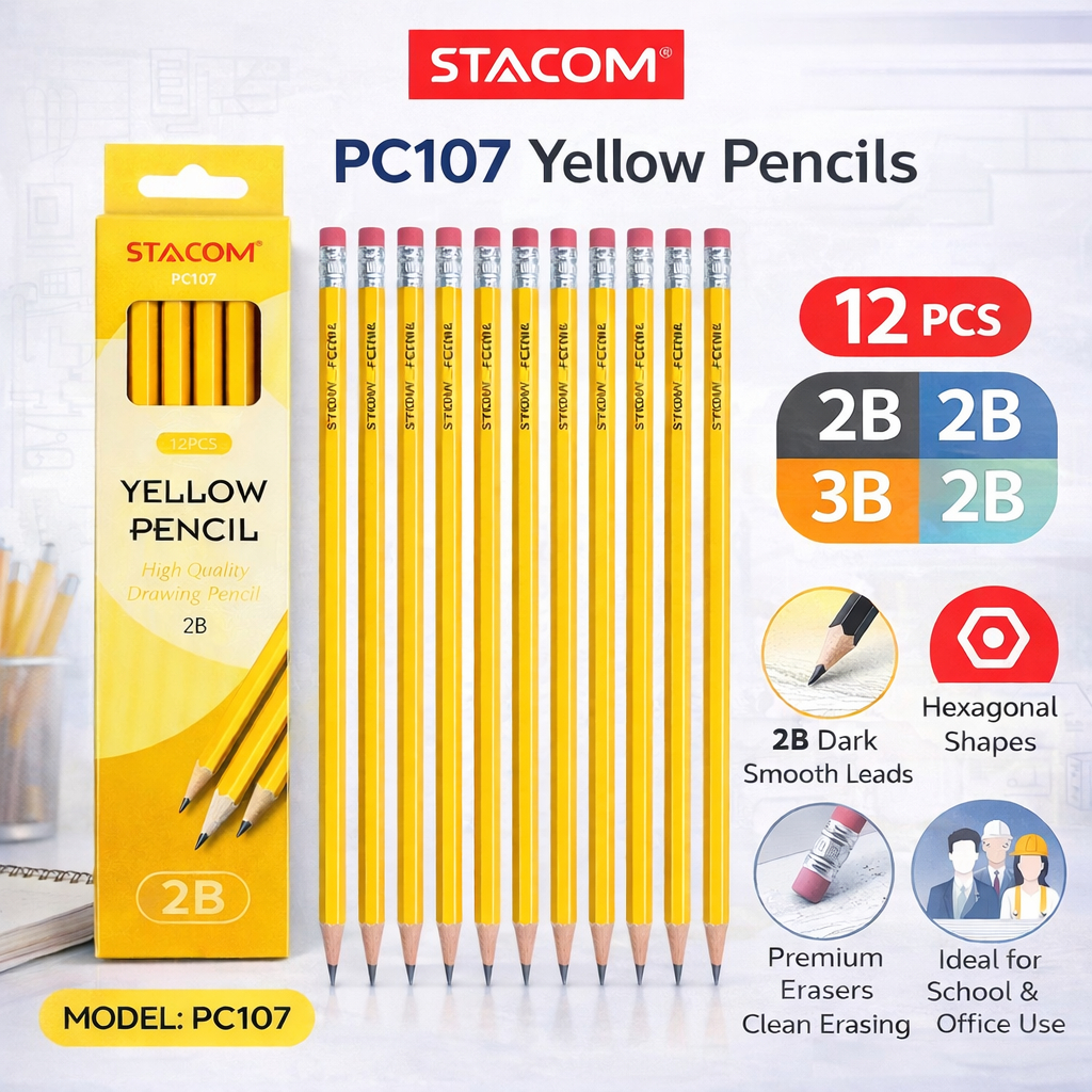 Combo 5/12 cây Bút chì gỗ, dộ chì 2B, thân vàng, ngòi chống gãy | Stacom PC107