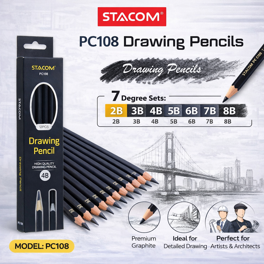 [Trợ giá] Combo 5 cây bút chì gỗ | Độ chì 2B, sơn 02 lớp màu xám đen, ngòi chống gãy | Stacom PC108