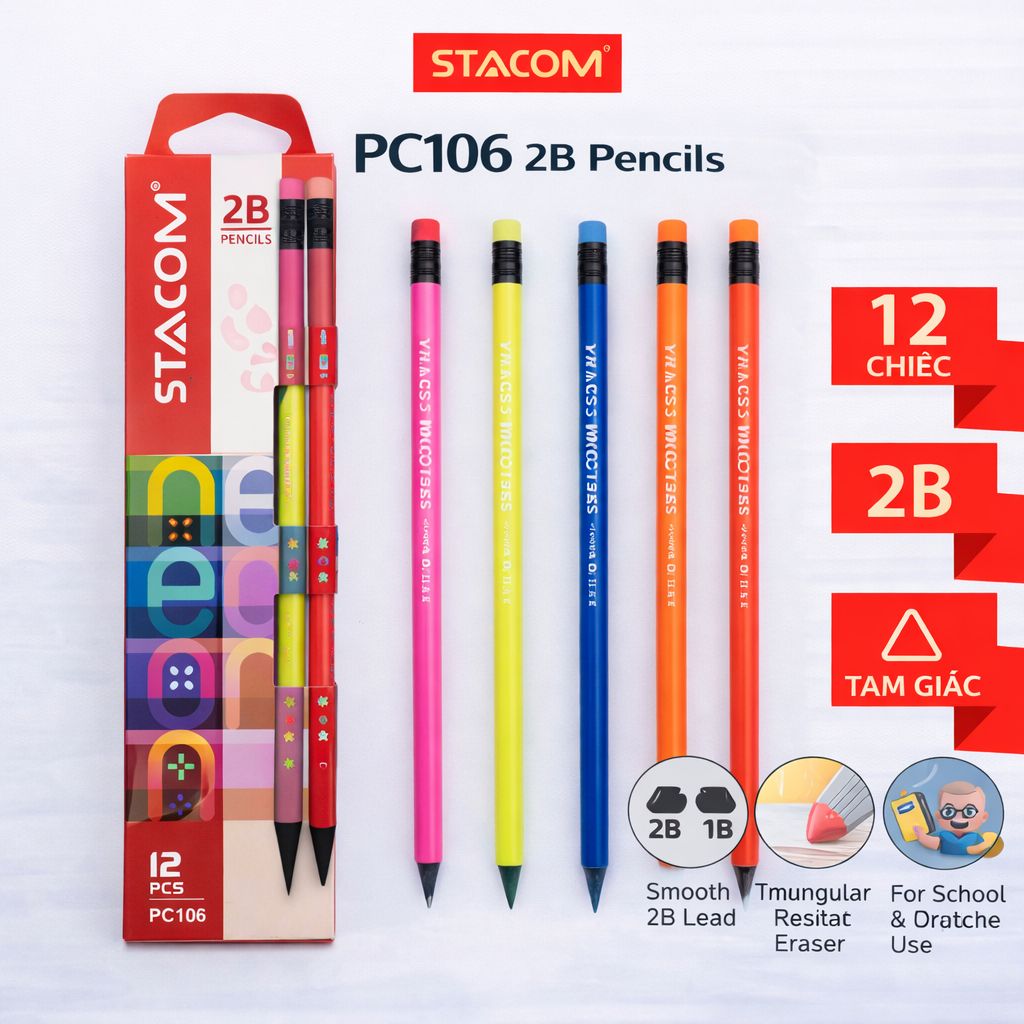 [Xả kho] Combo 5/12 cây bút chì gỗ màu NEON | Độ chì 2B, đậm màu, ngòi chống gãy | PC106