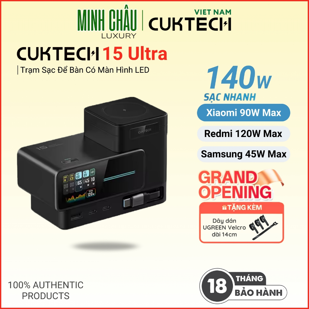 Trạm Sạc GaN Siêu Nhanh CUKTECH 15 ULTRA 140W | Cáp Type-C rút gọn tích hợp | Màn Hình 1.83 Inch TA1