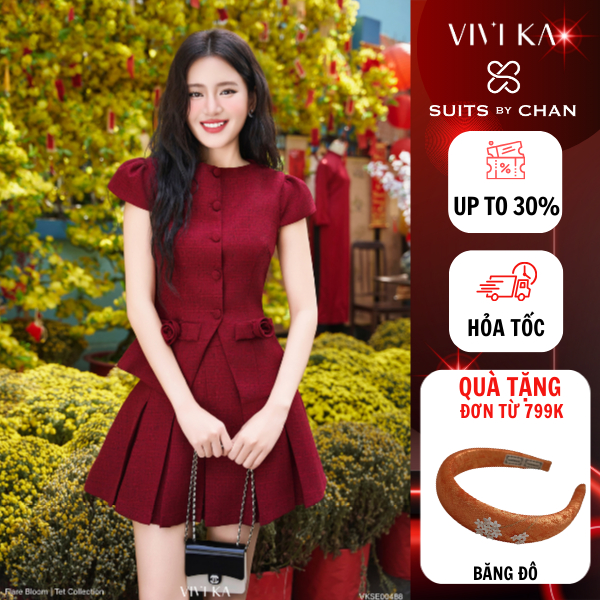 Set đồ thiết kế Moana VIVI KA áo ghile tay phồng phối hoa, váy xòe màu đỏ nữ tính, trẻ trung, thích 