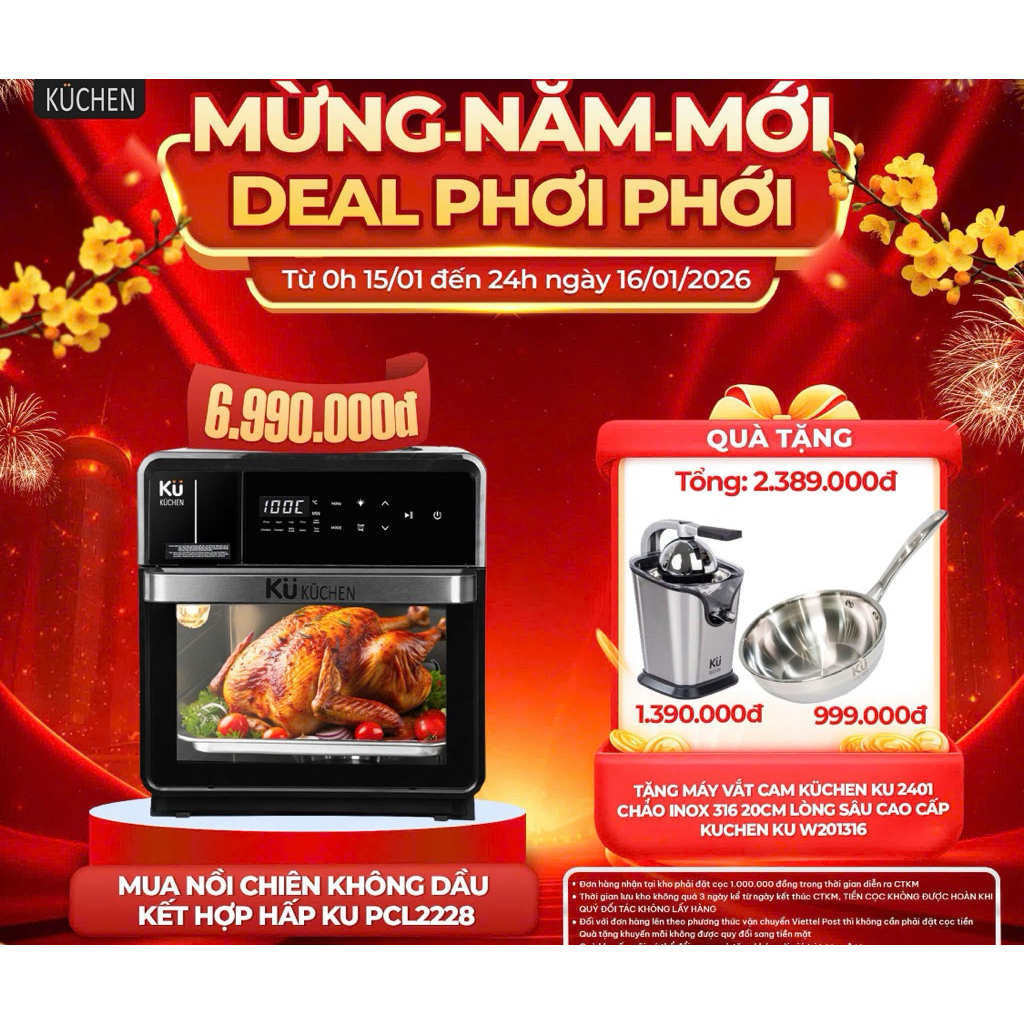 Nồi chiên không dầu kết hợp hấp KUCHEN KU PCL2228 16L bảo hành 24 tháng l Sẵn phụ kiện thay thế