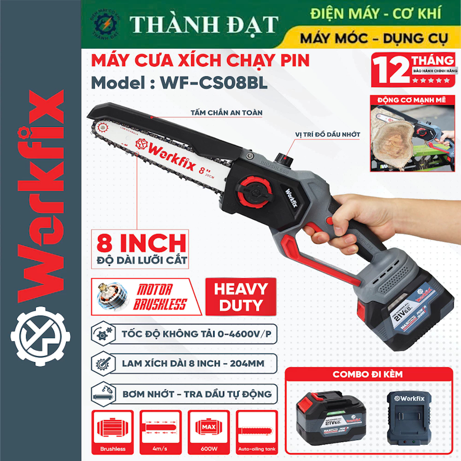 Máy Cưa Xích Pin Workfix WF-CS08BL, Lam Xích 8in, Không Chổi Than, Tra Nhớt Tự Động