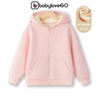 Áo khoác nỉ lót lông cho bé gái BabyloveGO 2026 áo nỉ có mũ và khóa kéo tiện lợi cho bé AKN04