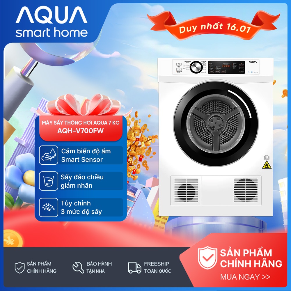 Máy sấy thông hơi Aqua 7 kg AQH-V700FW - Bảo hành 2 năm - Freeship toàn quốc - giao sau 10 - 15 ngày