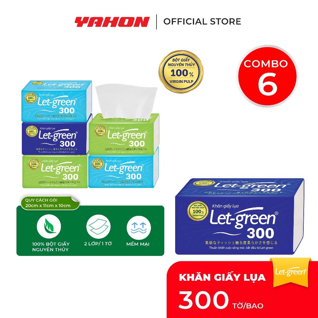 Combo Khăn Giấy Lụa LET-GREEN 300 Tờ/Bao, 2 Lớp/Tờ | Bột Giấy Nguyên Thủy