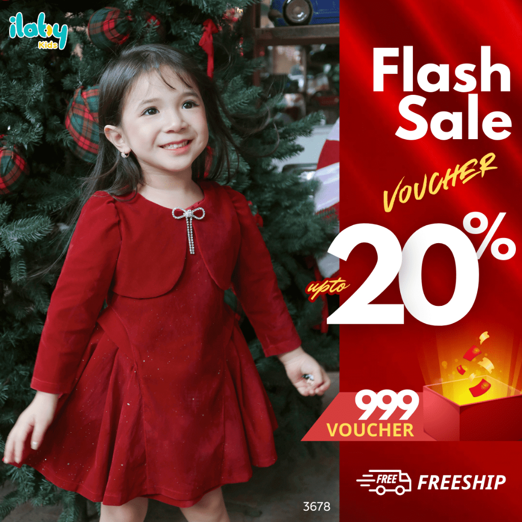 Váy bé gái ILABY váy Tết cho bé gái chất liệu nhung thắt eo xếp ly nơ ngực [3678]