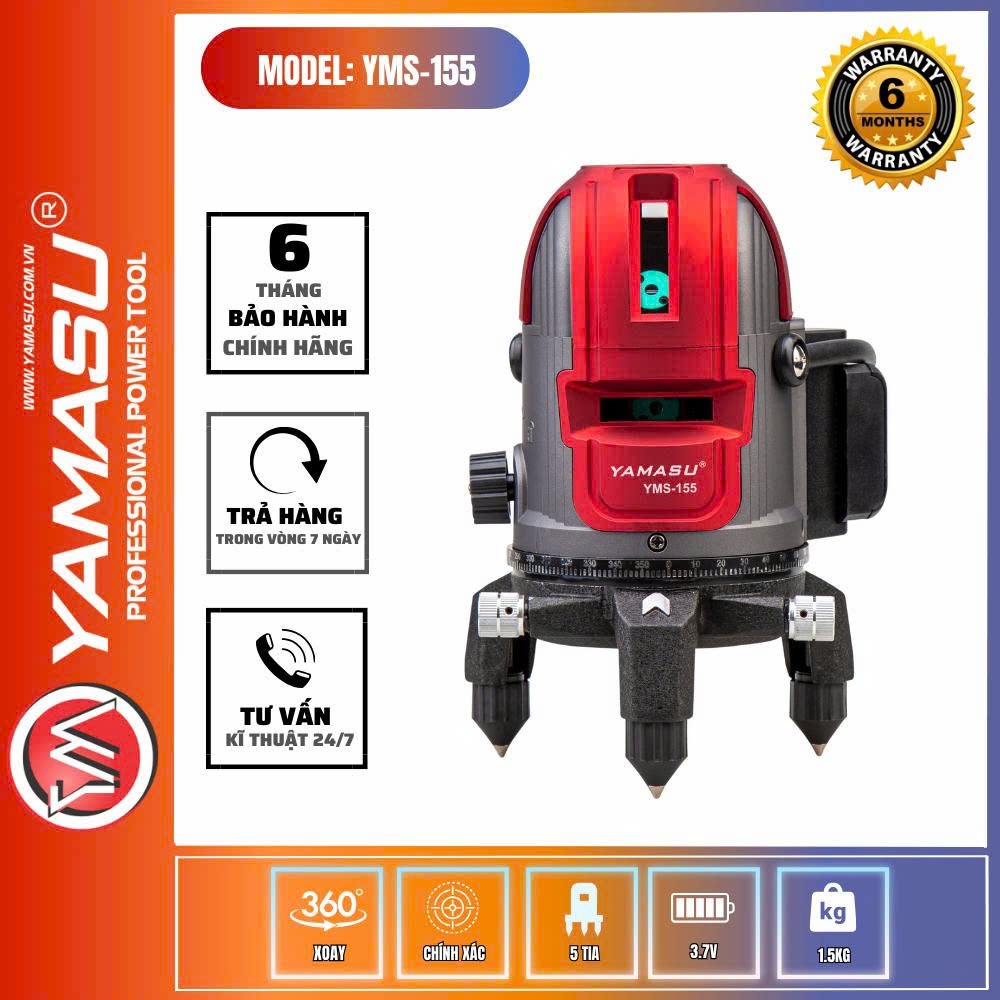 Máy cân bằng laser Yamasu YMS-155, Máy bắn cos 5 tia xanh bóng led siêu sáng, kèm 2 pin, điều chỉnh 