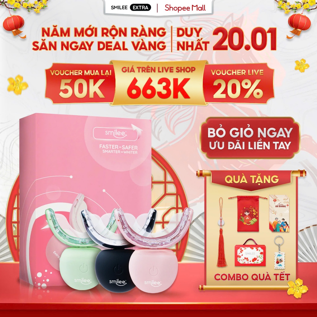 [GIÁ 685K TẠI LIVE SHOP] Kit làm trắng răng Smilee Extra - Phiên bản nâng cấp trắng nhanh hơn 5 lần,