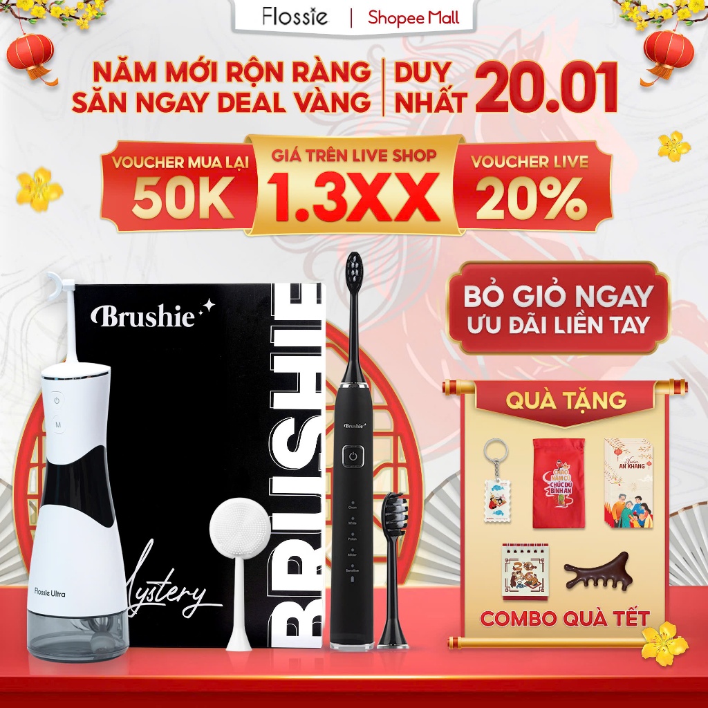Combo Bàn chải điện Brushie Ultra Plus và tăm nước 2 chiều Flossie Ultra chăm sóc răng miệng - Hàng 