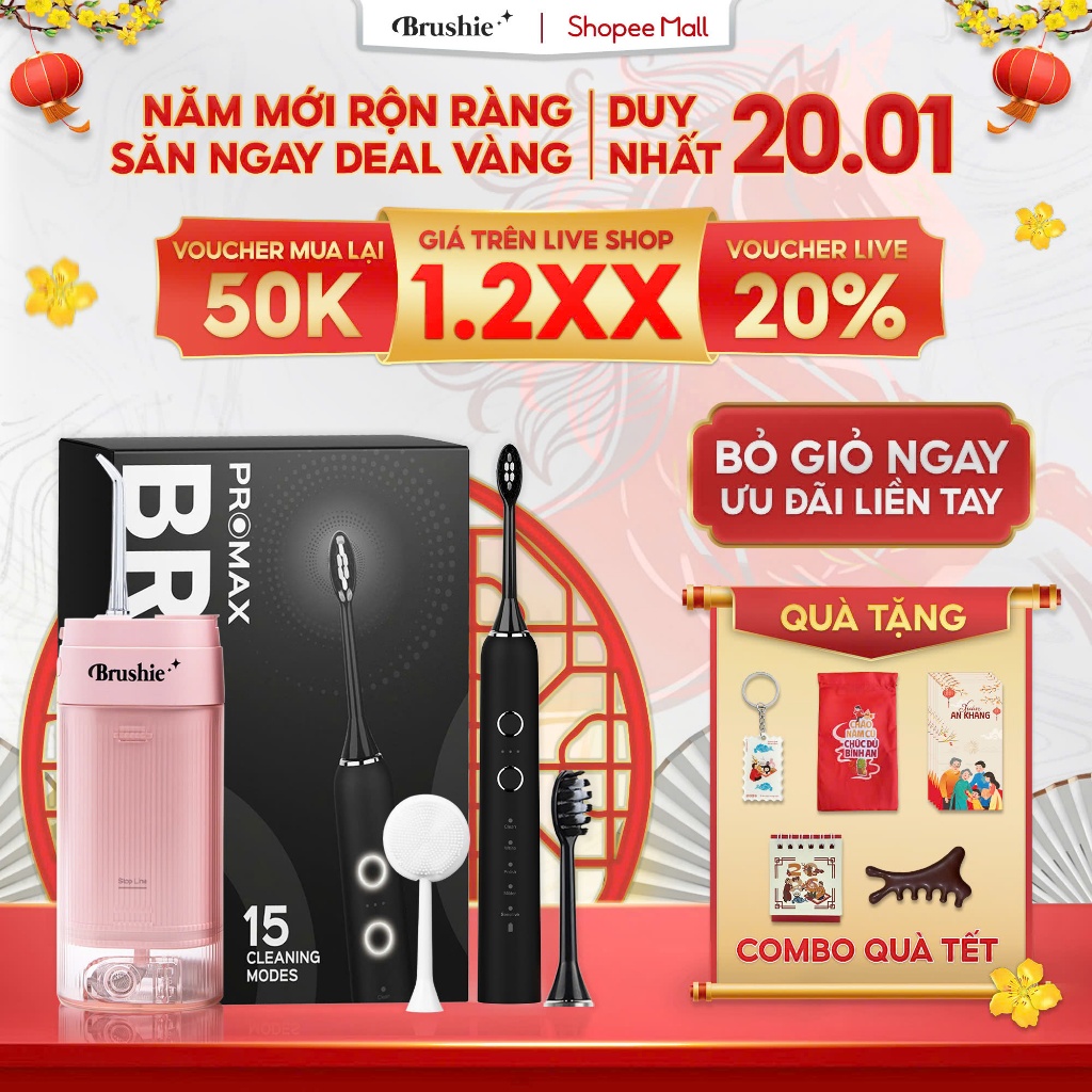 [GIÁ 1.2XX TẠI LIVE SHOP] Combo Tăm Nước Brushie Super Clean và Bàn Chải Điện Brushie Promax Phiên b