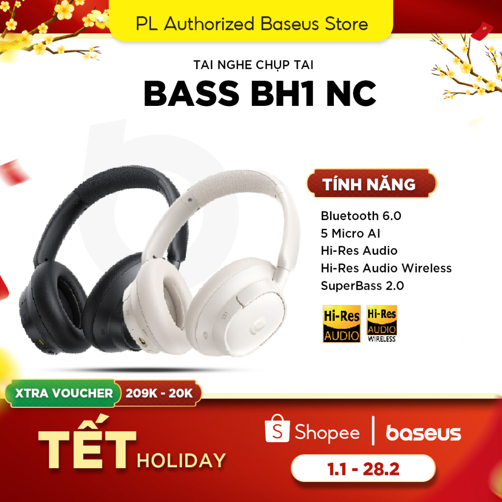 Tai Nghe Chụp Tai Baseus Bass BH1 NC Bluetooth 6.0 | 5 Micro AI | Hi-Res Audio | Hi-Res Audio Wirele
