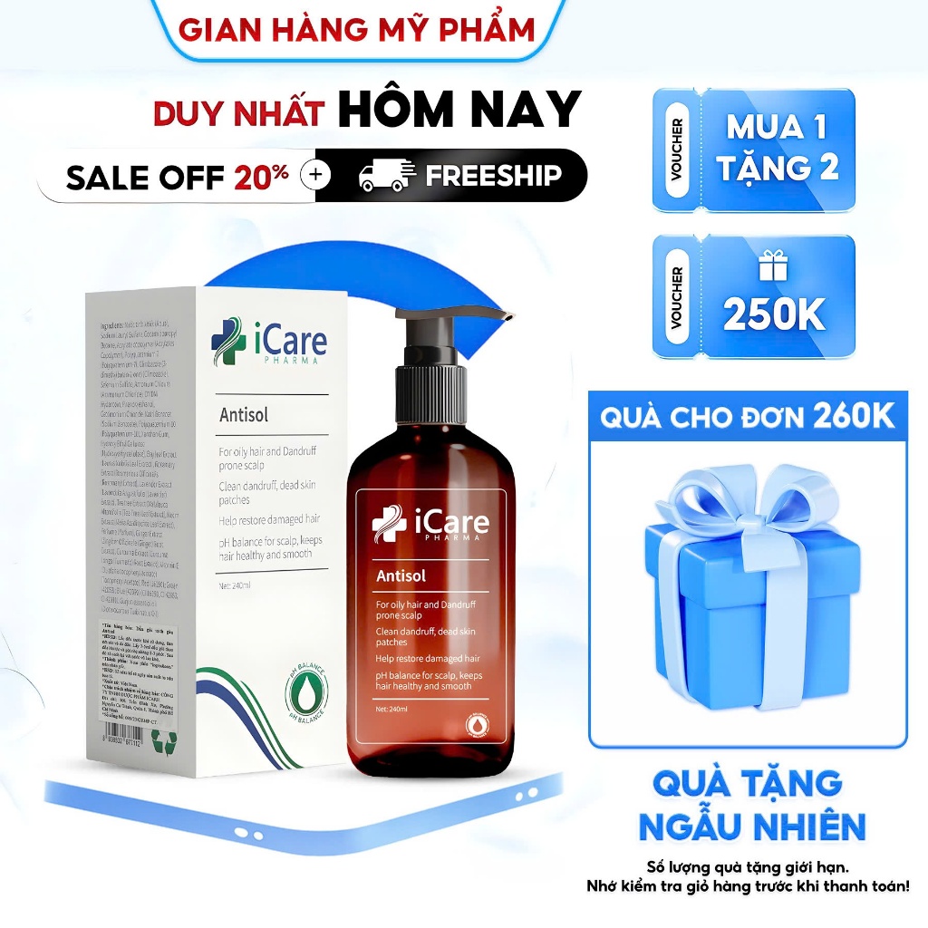 Dầu Gội iCare Pharma Antisol Chiết Xuất Dược Liệu , Giúp Sạch Gàu, Giảm Ngứa 240ml