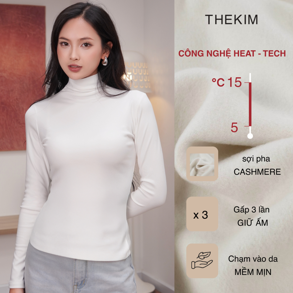 THEKIM Áo thun giữ nhiệt cổ cao chất liệu sợi pha cashmere , áo giữ nhiệt công nghệ HEATTECH giữ ấm 