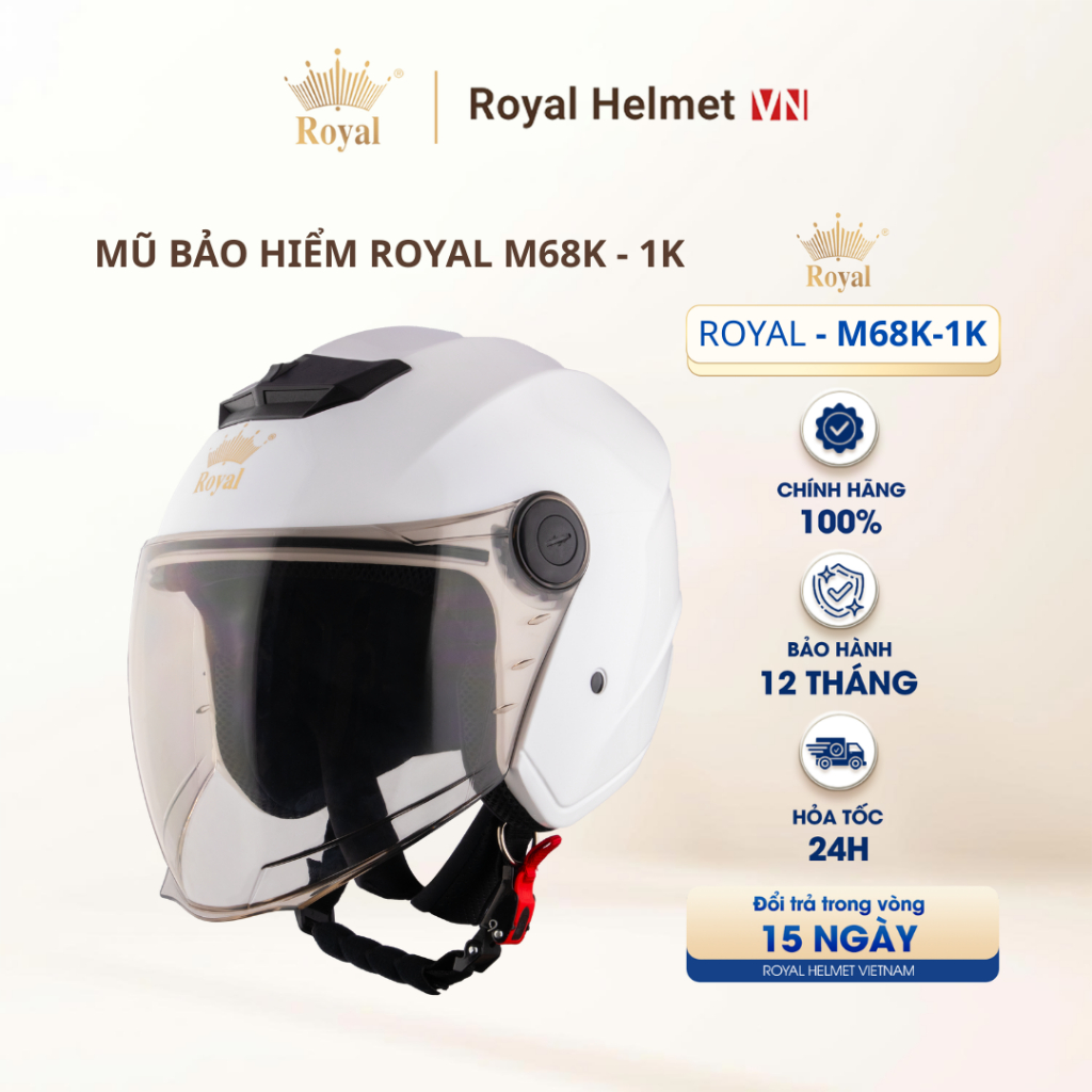 [TRẮNG] Mũ Bảo Hiểm 3/4 Royal M68 (1 Kính) Chính Hãng, Royal Helmet Kính Âm Đi Phượt