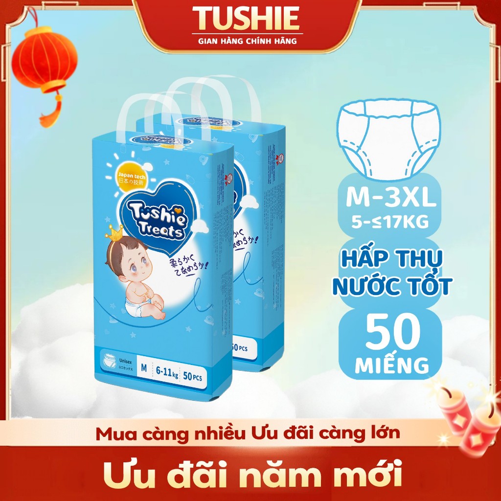 【Tã Quần】Tushie Treats tã em bé siêu mỏng, Công nghệ ôm sát thấm hút thông thoáng M-L-XL-XXL-XXXL