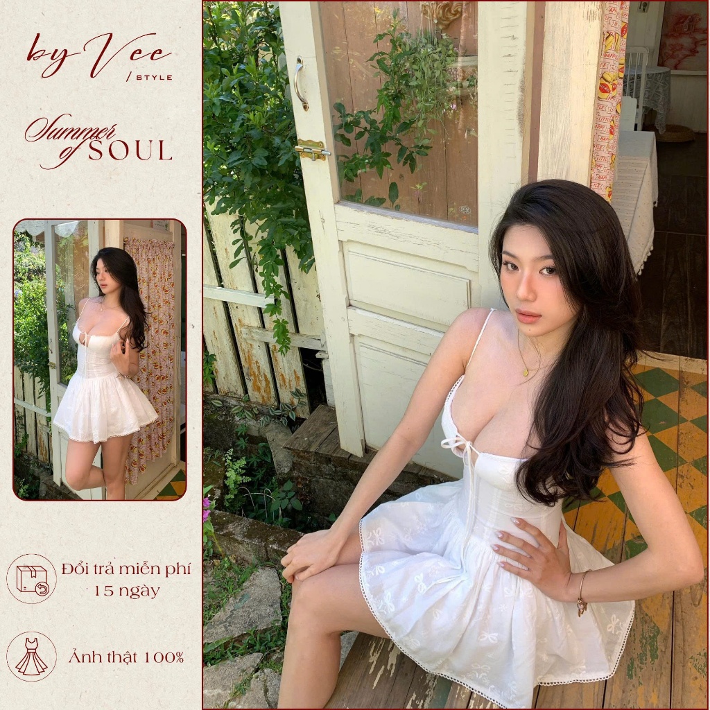 Đầm 2 đây trắng thêu nơ Pure Dress ByVeeStyle,