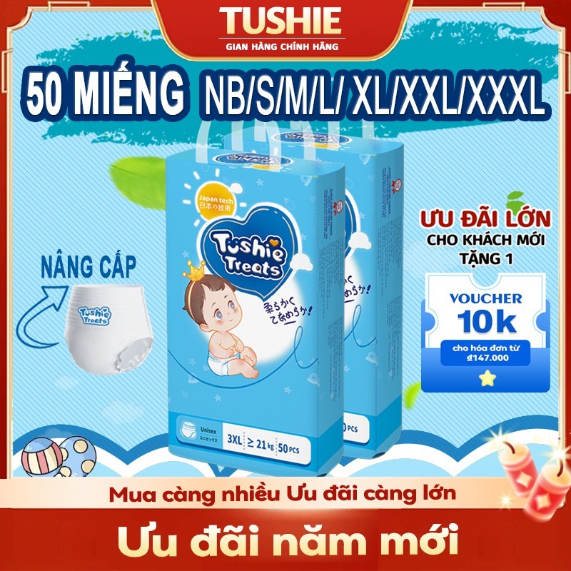 【50Miếng】TÃ BỈM/QUẦN Tushie Treats bỉm em bé Công nghệ Nhật bản ôm sát thấm 700ml hút thông thoáng N