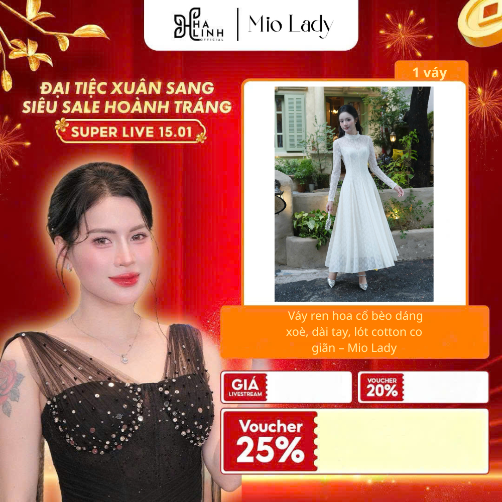 [Võ Hà Linh x MIO LADY] Váy ren hoa cổ bèo dáng xoè, dài tay, lót cotton co giãn – Mio Lady