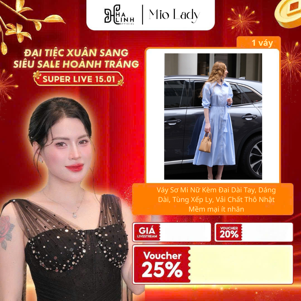 [Võ Hà Linh x MIO LADY] Váy Sơ Mi Nữ Kèm Đai Dài Tay, Dáng Dài, Tùng Xếp Ly, Vải Chất Thô Nhật Mềm m