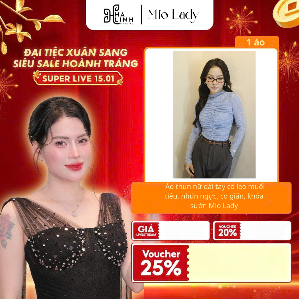 [Võ Hà Linh x MIO LADY] Áo thun nữ dài tay cổ leo muối tiêu, nhún ngực, co giãn, khóa sườn Mio Lady