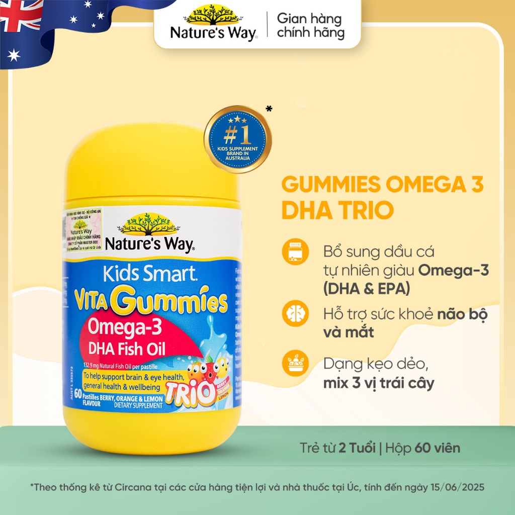 Kẹo Dẻo Cho Bé Nature's Way Kids Smart Vita Gummies Omega-3 DHA Fish Oil Hỗ Trợ Sức Khoẻ Não Và Mắt Cho Bé Hộp 60v
