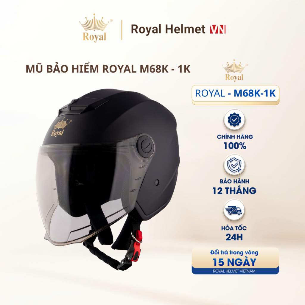 [ĐEN MỜ] Mũ Bảo Hiểm 3/4 Royal M68 (1 Kính) Chính Hãng, Royal Helmet Kính Âm Đi Phượt