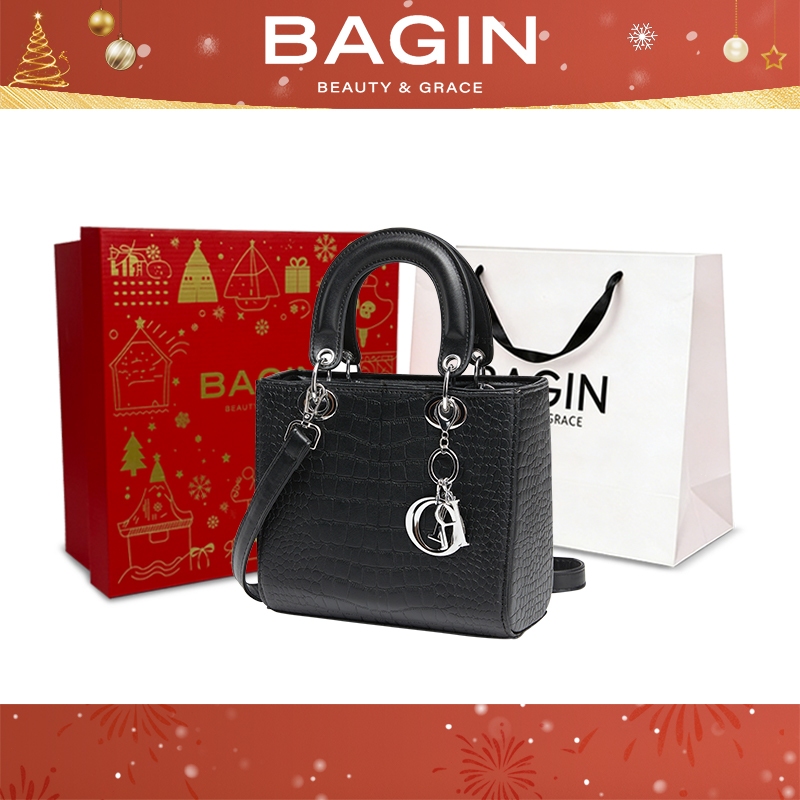 BAGIN Túi Xách Nữ Dáng Vuông  Da Trơn Lì Tặng Kèm Charm Và Dây Đeo Chéo Chống Thấm Nước Ngày lễ Tặng