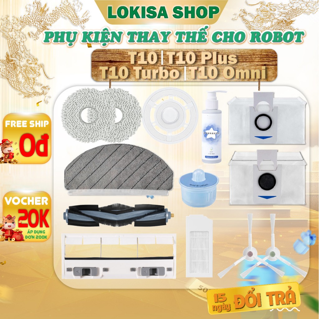 Phụ kiện robot hút bụi T10 Omni T10 turbo T10 plus giẻ lau chổi giữa chổi ven màng lọc bụi túi rác dung dịch lau