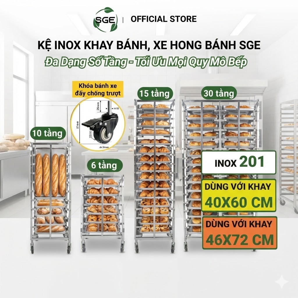 Kệ Inox Khay Bánh/ Xe Hong Bánh SGE  từ 6-30 tầng + khay 40x60 , 46x72 cho tiệm làm bánh