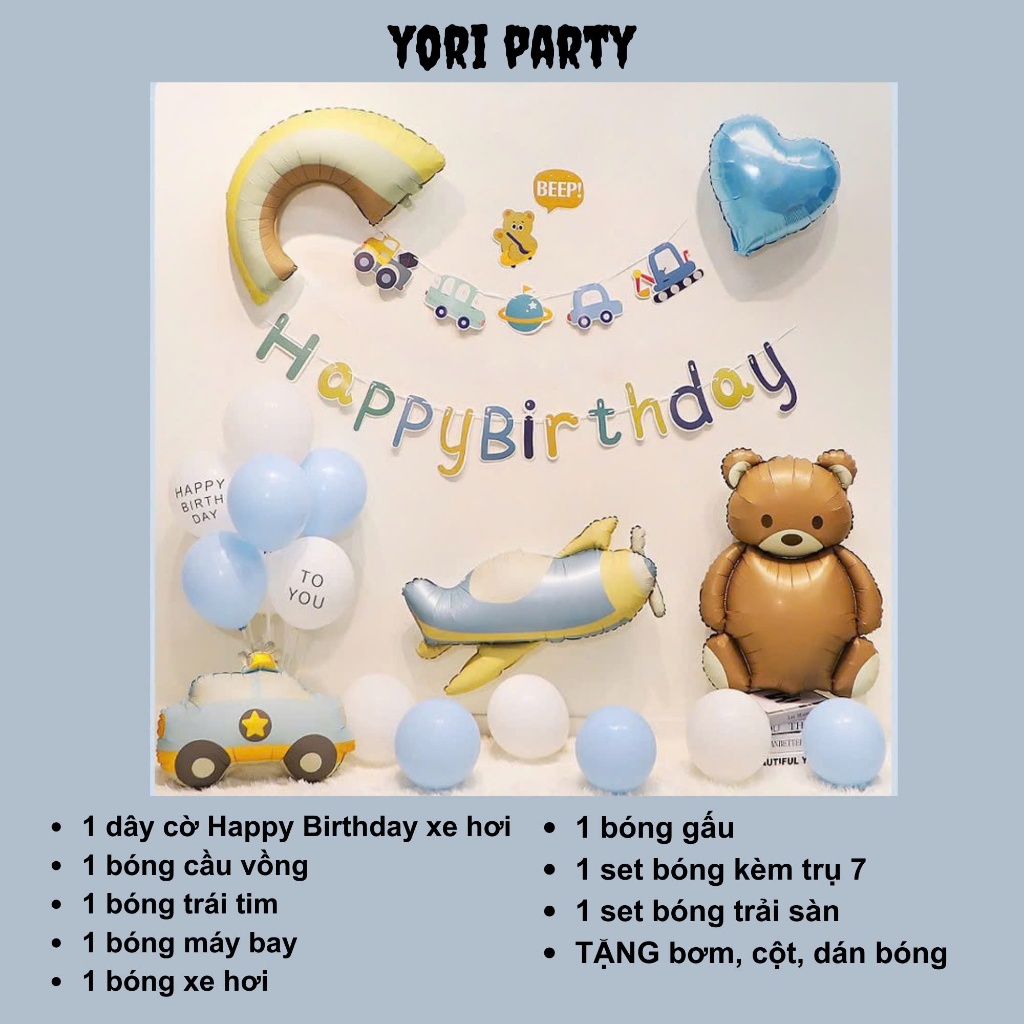 Full set trang trí sinh nhật bé trai chủ đề xe hơi tone màu xanh