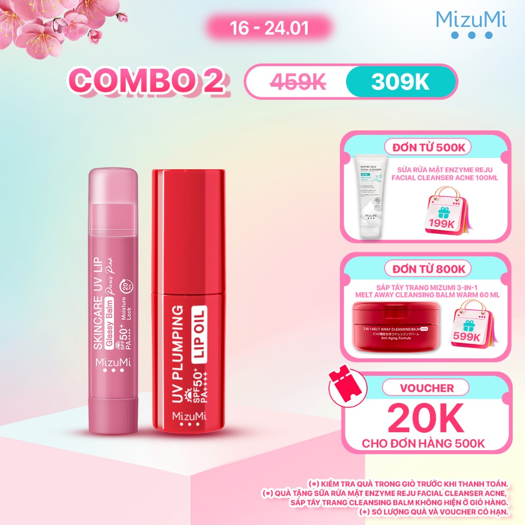 Combo Son dưỡng môi và Dầu dưỡng môi chống nắng MizuMi UV Lip Glassy Balm 3.5g/ Mask 8ml và UV Plump