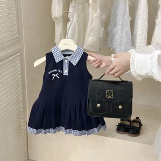 Váy 3 lỗ sát nách cổ+chân váy kẻ xinh xắn chất liệu Poli thoáng mát mặc thỏa mái cho bé từ 8-20kg