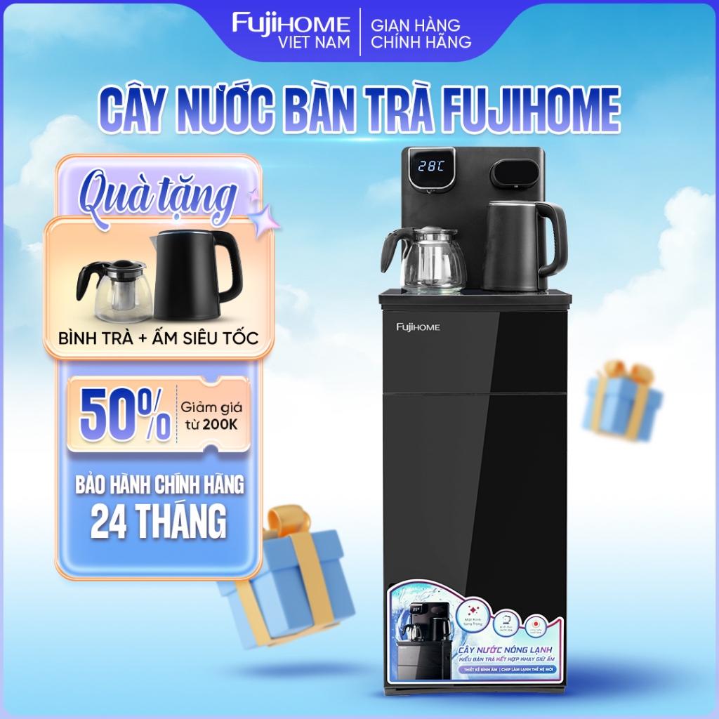 Cây nước nóng lạnh bàn trà cafe Fujihome nhập khẩu, máy nước uống bình lọc âm điều khiển từ xa cài đặt nhiệt độ sôi