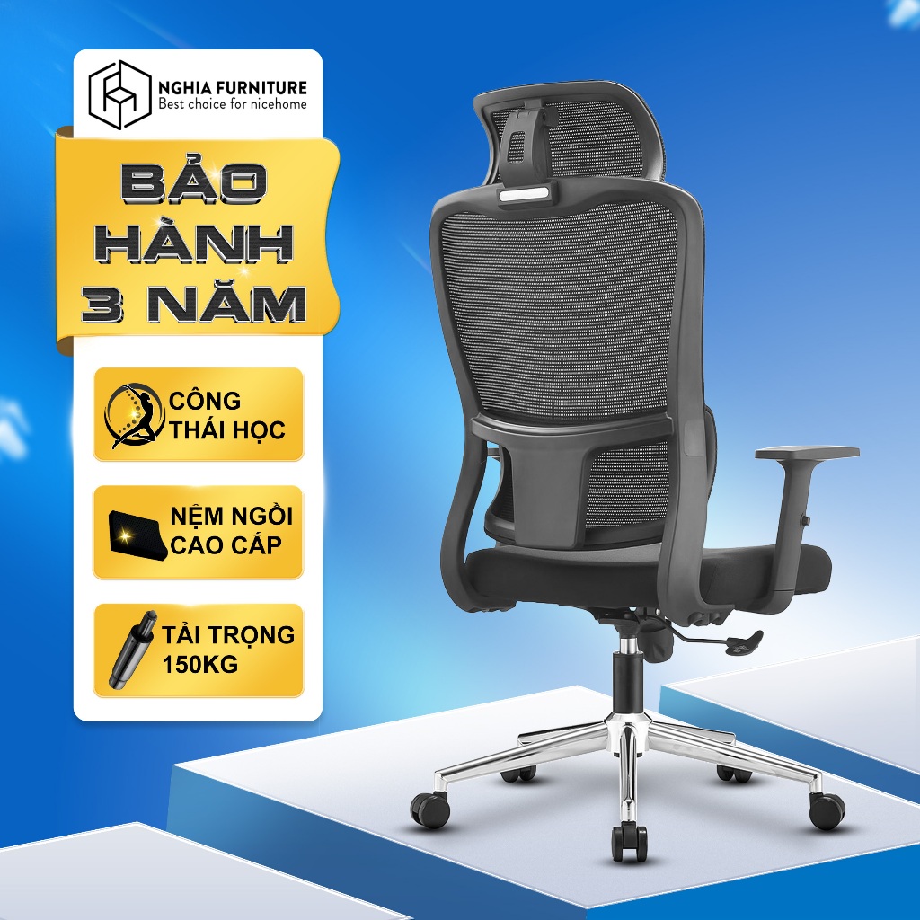 Ghế công thái học Nghia Furniture ErgoFit, Piston Class 4, tựa lưng lưới thoáng khí, bảo hành 3 năm
